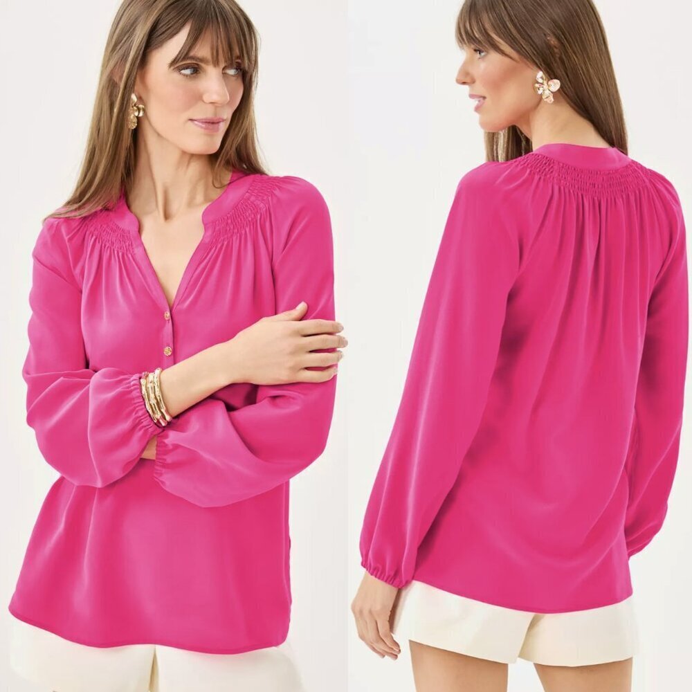 Lilly Pulitzer Elsa 100% Silk Long Sleeved Blouse Top in Parigi Pink, size M - Picture 1 of 10